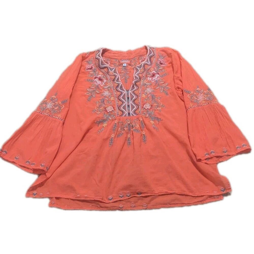 Johnny Was Workshop Orange Floral Embroidered Boho Bell Sleeve VNeck Top Medium